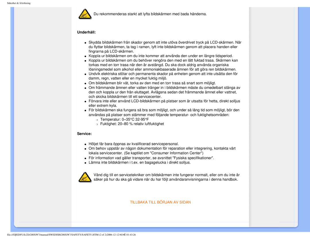 Philips 200XW7 user manual Underhåll, Service 