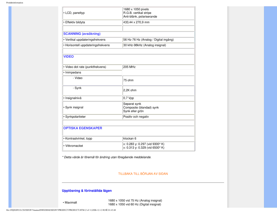 Philips 200XW7 user manual Scanning avsökning, Upplösning & förinställda lägen 