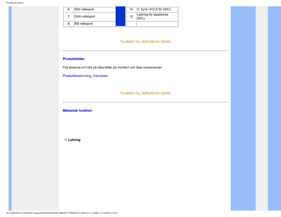 Philips 200XW7 user manual Produktbilder, Mekanisk funktion, Lutning 