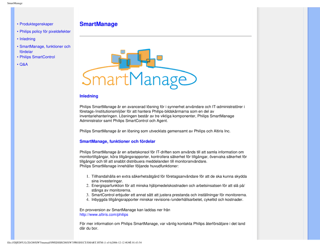 Philips 200XW7 user manual Inledning, SmartManage, funktioner och fördelar 