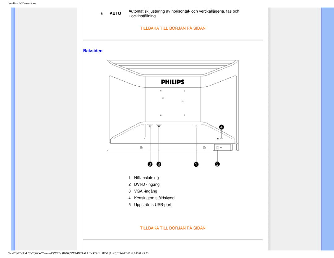 Philips 200XW7 user manual Baksiden, Klockinställning 