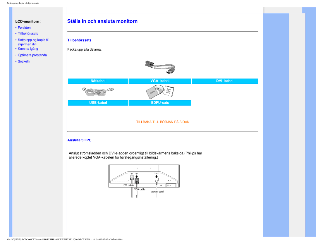 Philips 200XW7 user manual Ställa in och ansluta monitorn 