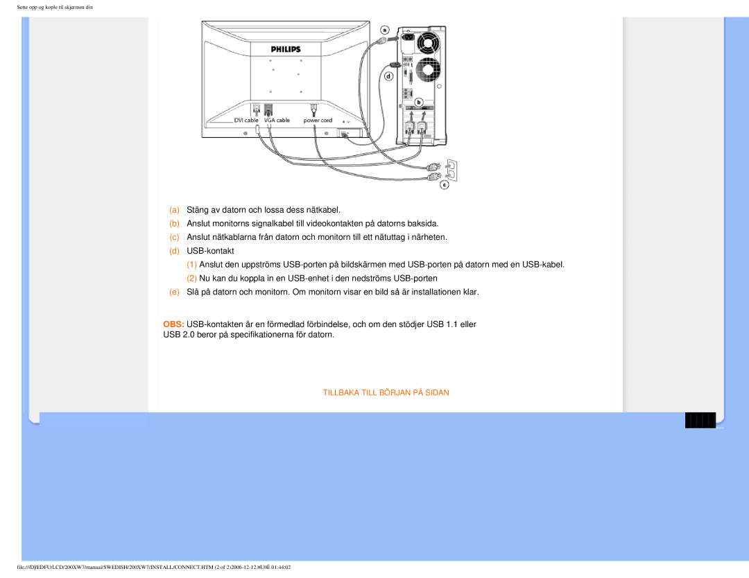 Philips 200XW7 user manual Tillbaka Till Början PÅ Sidan 