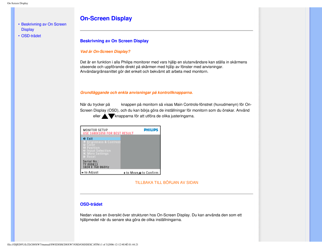 Philips 200XW7 user manual On-Screen Display, Beskrivning av On Screen Display, OSD-trädet, När du trycker på 