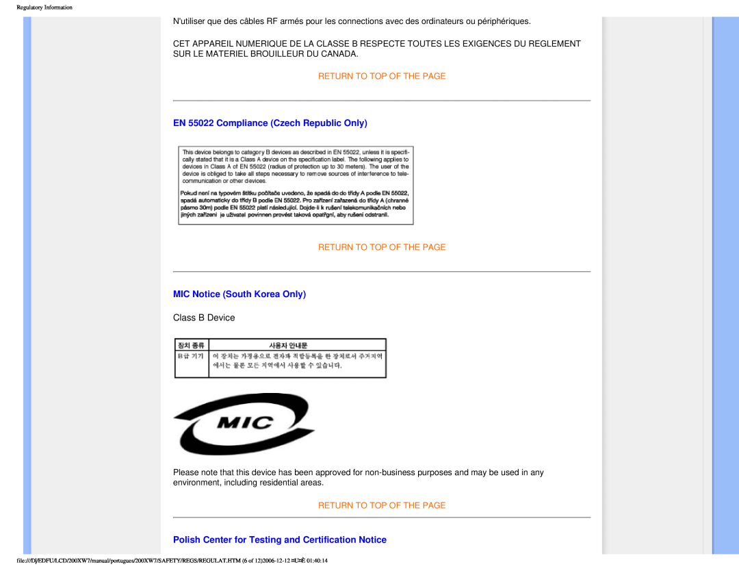 Philips 200XW7 user manual EN 55022 Compliance Czech Republic Only, MIC Notice South Korea Only, Return To Top Of The Page 