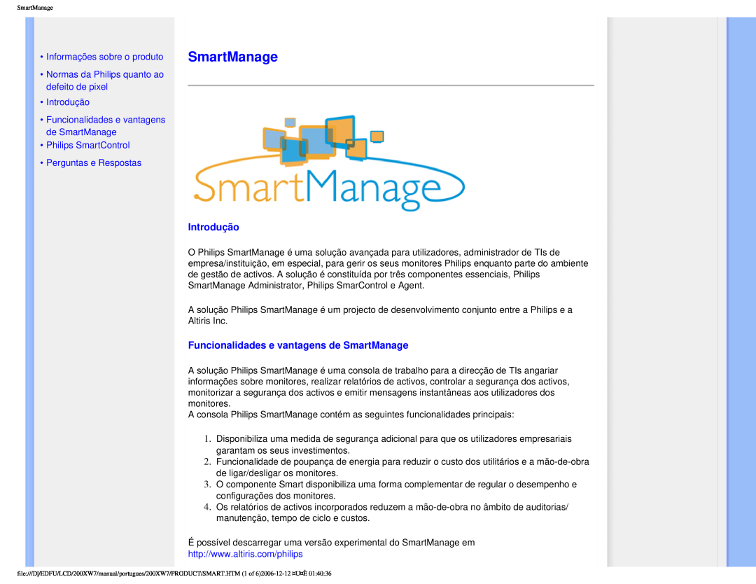 Philips 200XW7 user manual Funcionalidades e vantagens de SmartManage, •Informações sobre o produto, •Introdução 
