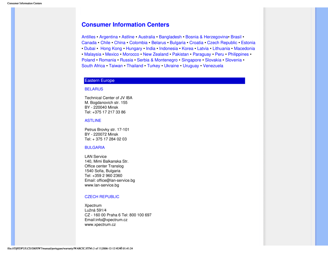 Philips 200XW7 user manual Consumer Information Centers, Eastern Europe 