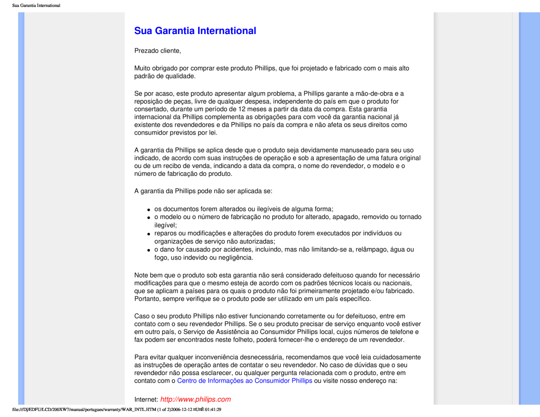 Philips 200XW7 user manual Sua Garantia International 