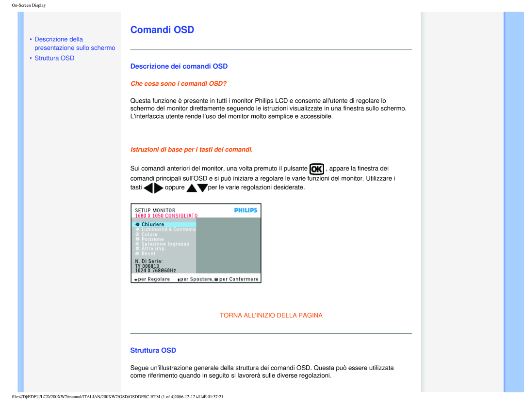 Philips 200XW7 Comandi OSD, Descrizione dei comandi OSD, Struttura OSD, Descrizione della presentazione sullo schermo 