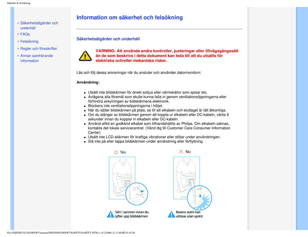 Philips 200XW7 Information om säkerhet och felsökning, Säkerhetsåtgärder och underhåll, Felsökning Regler och föreskrifter 
