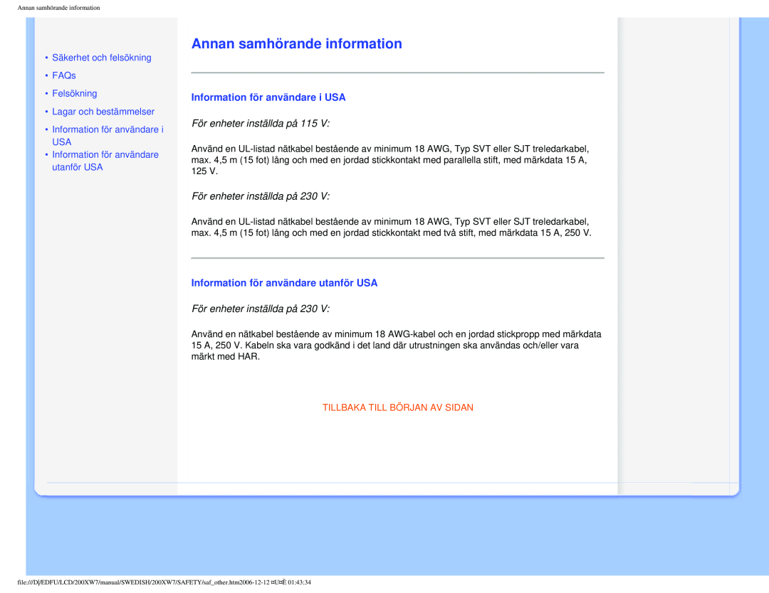 Philips 200XW7 user manual Annan samhörande information, Information för användare i USA, För enheter inställda på 