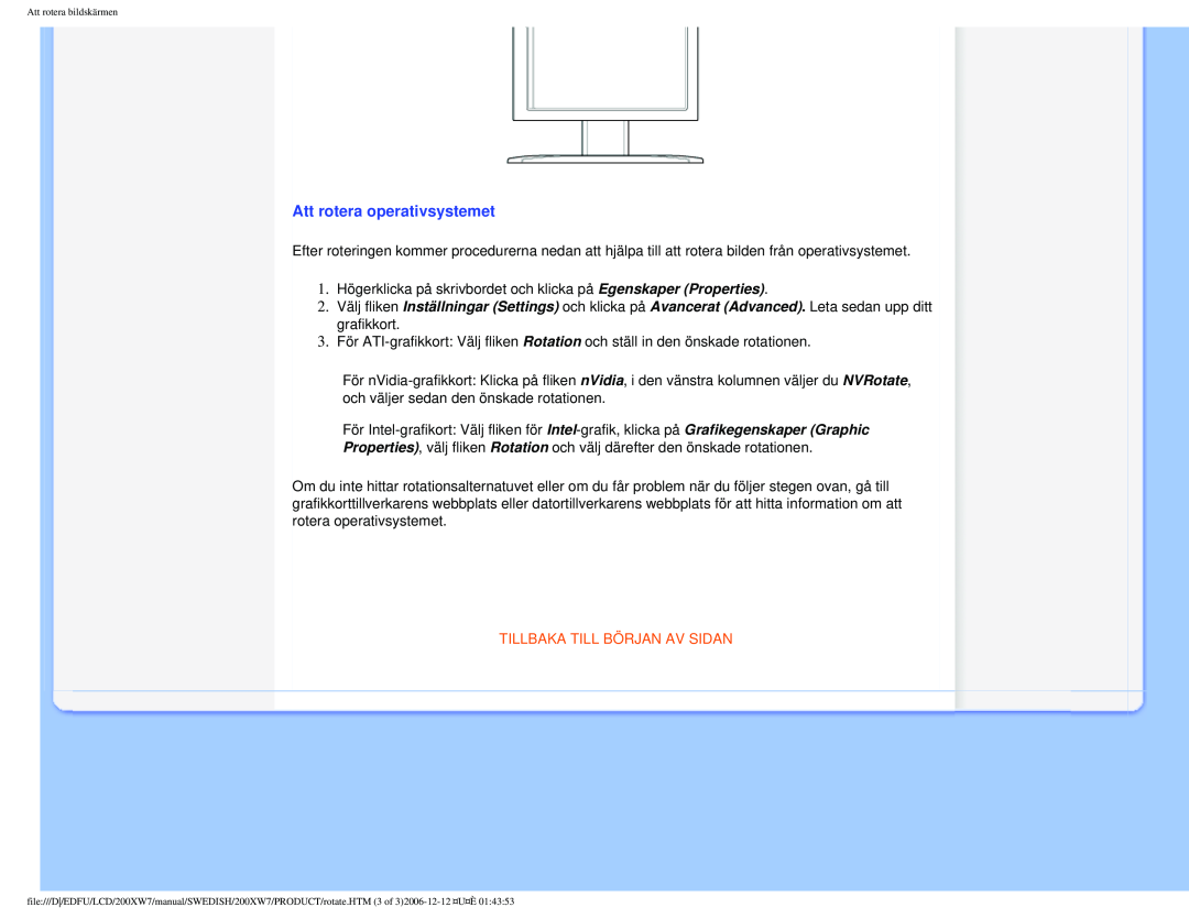 Philips 200XW7 user manual Att rotera operativsystemet, Tillbaka Till Början Av Sidan, Att rotera bildskärmen 