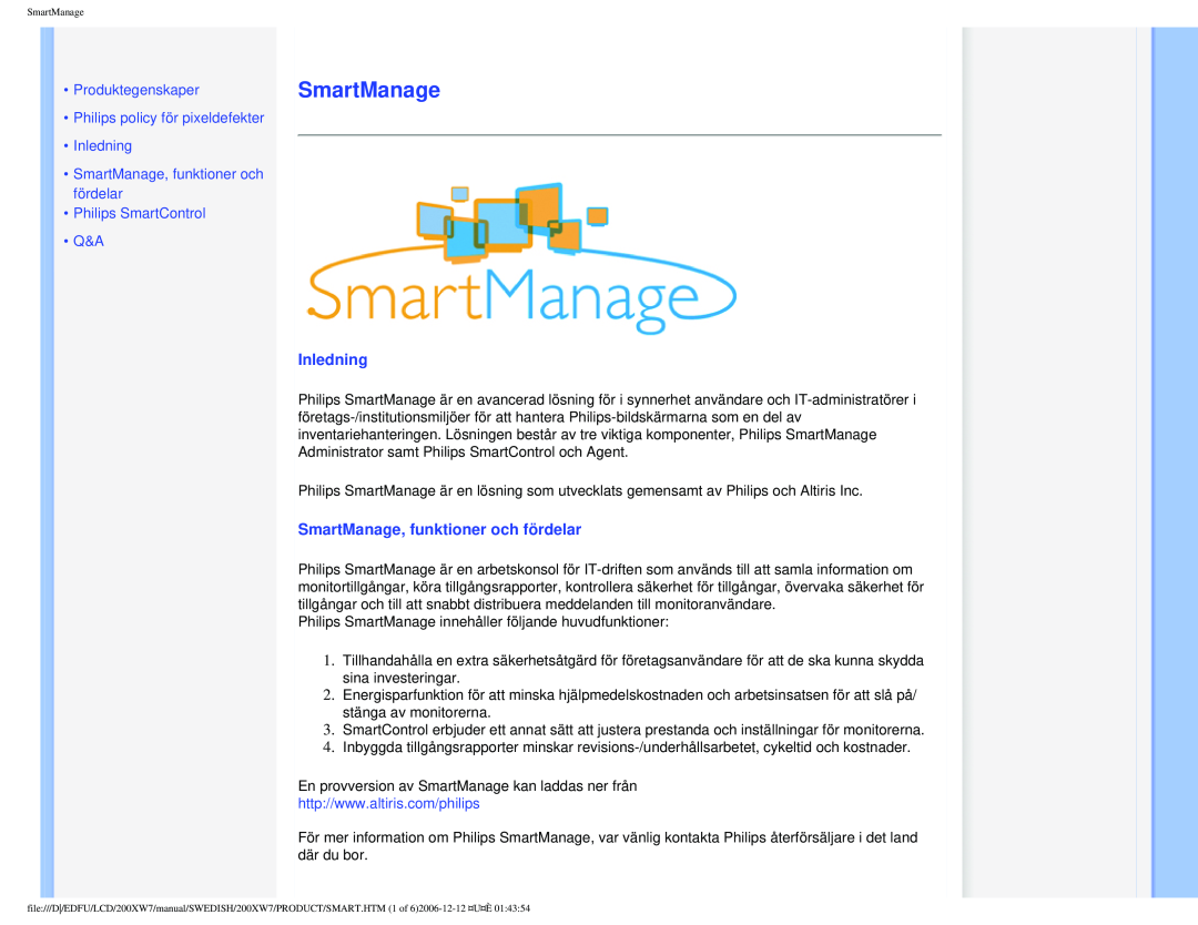Philips 200XW7 user manual Inledning, SmartManage, funktioner och fördelar, Produktegenskaper, Philips SmartControl Q&A 
