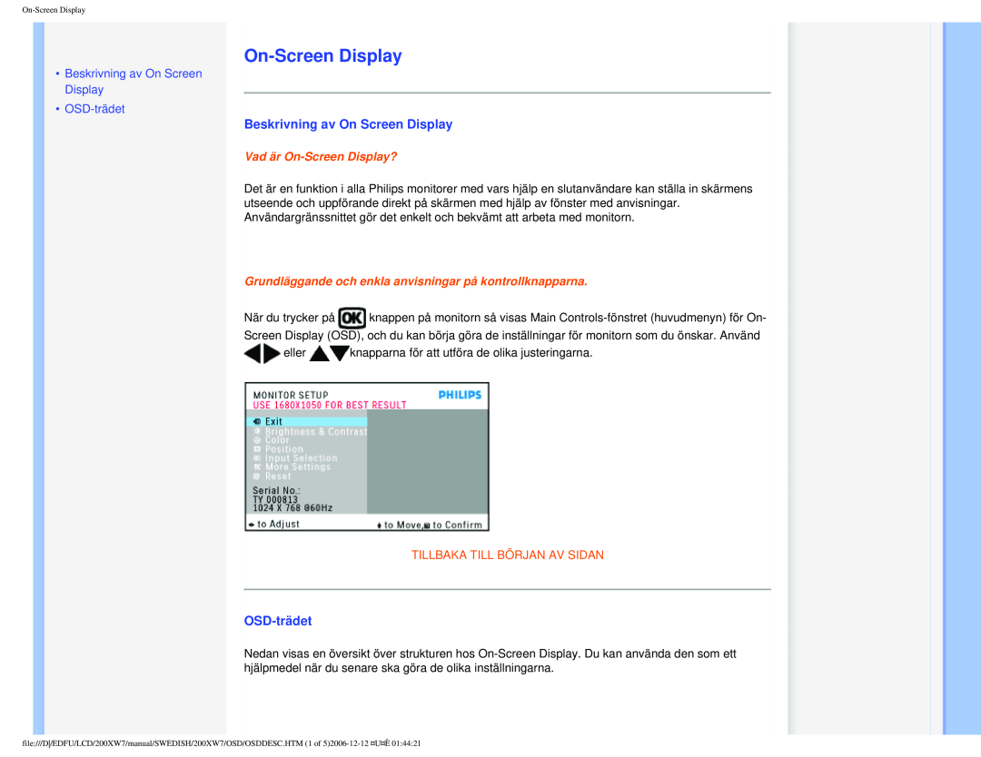 Philips 200XW7 user manual Beskrivning av On Screen Display OSD-trädet, Vad är On-ScreenDisplay? 