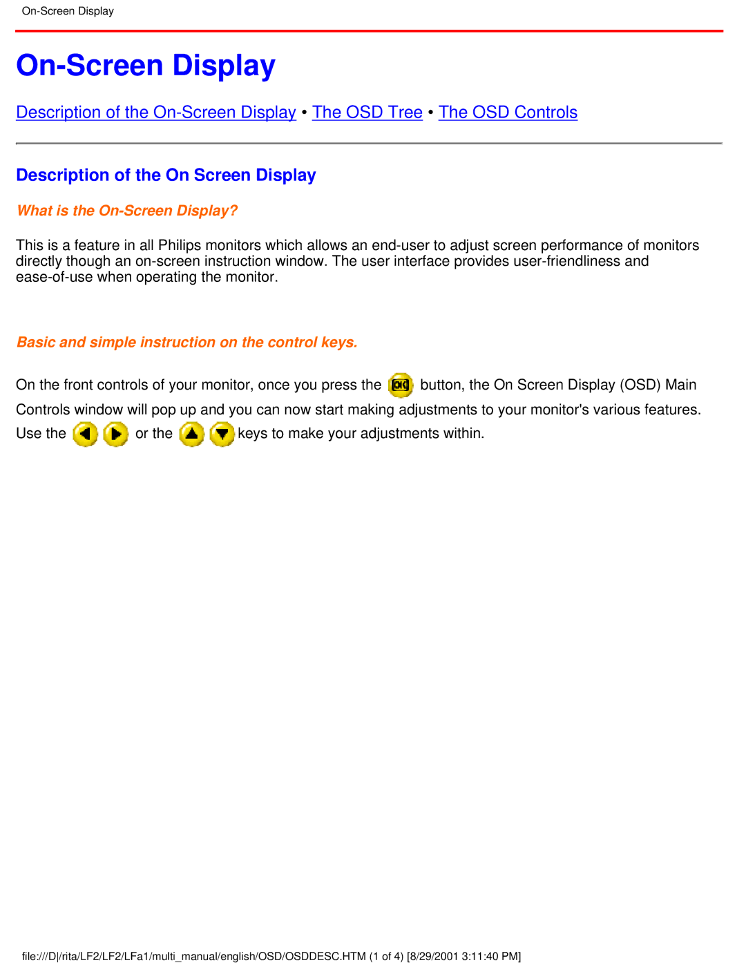 Philips 201B user manual On-Screen Display, Description of the On Screen Display 