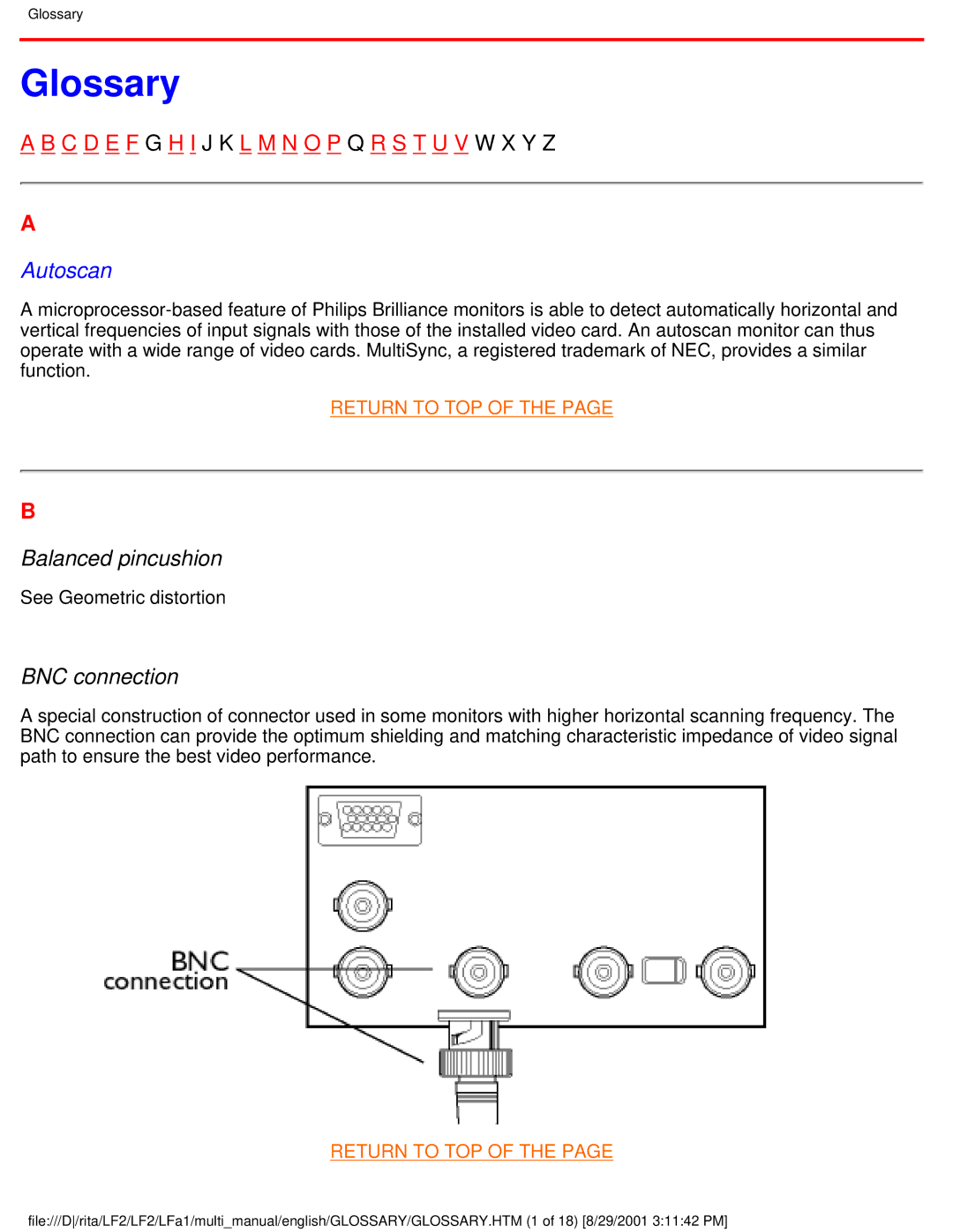 Philips 201B user manual Glossary, Balanced pincushion, BNC connection 