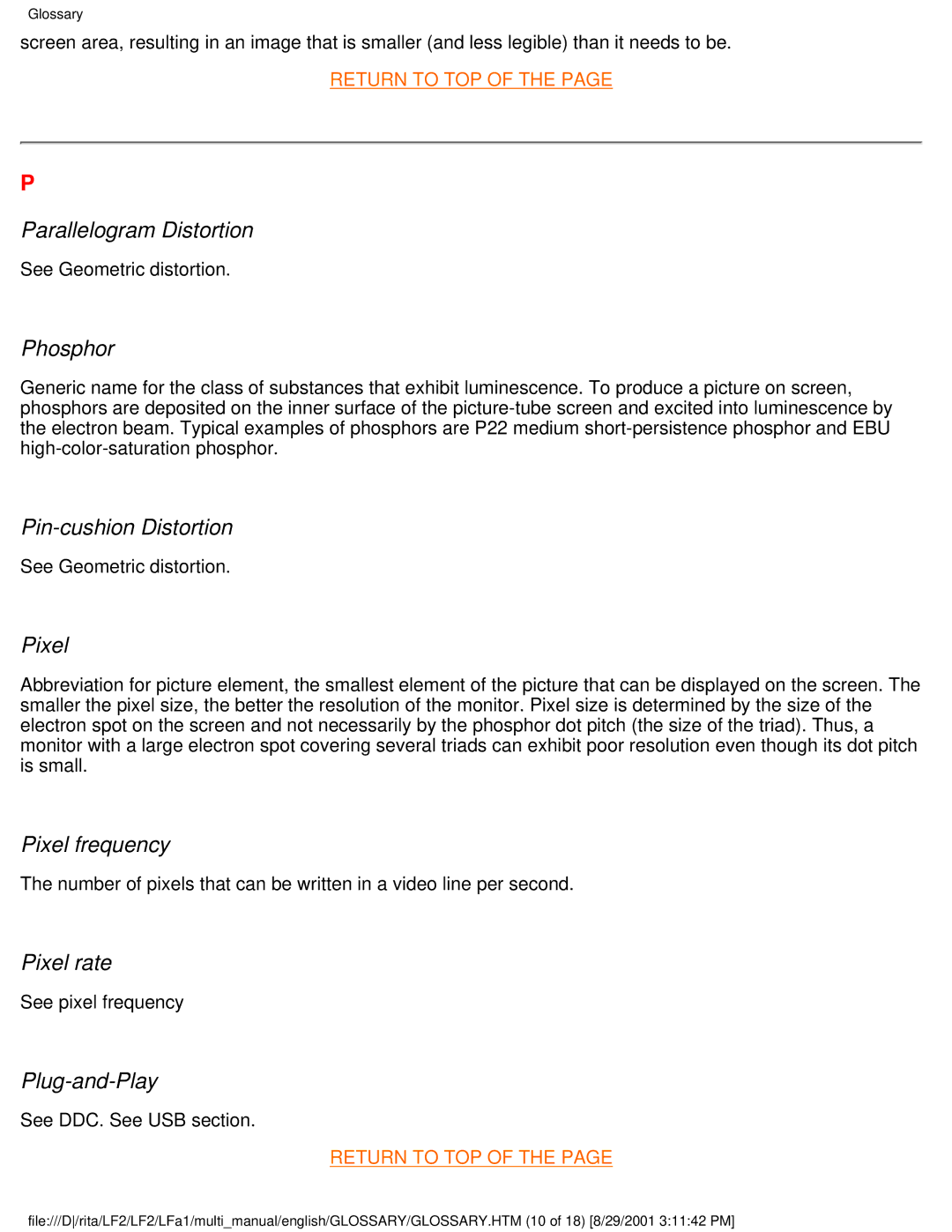 Philips 201B Parallelogram Distortion, Phosphor, Pin-cushion Distortion, Pixel frequency, Pixel rate, Plug-and-Play 