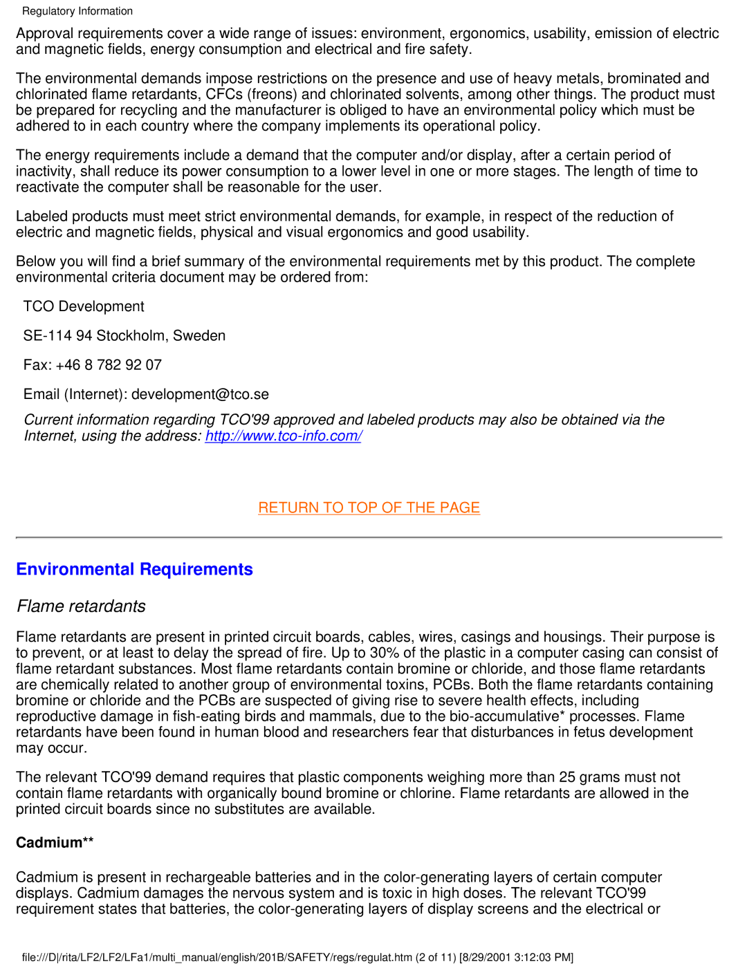 Philips 201B user manual Environmental Requirements, Flame retardants, Cadmium 