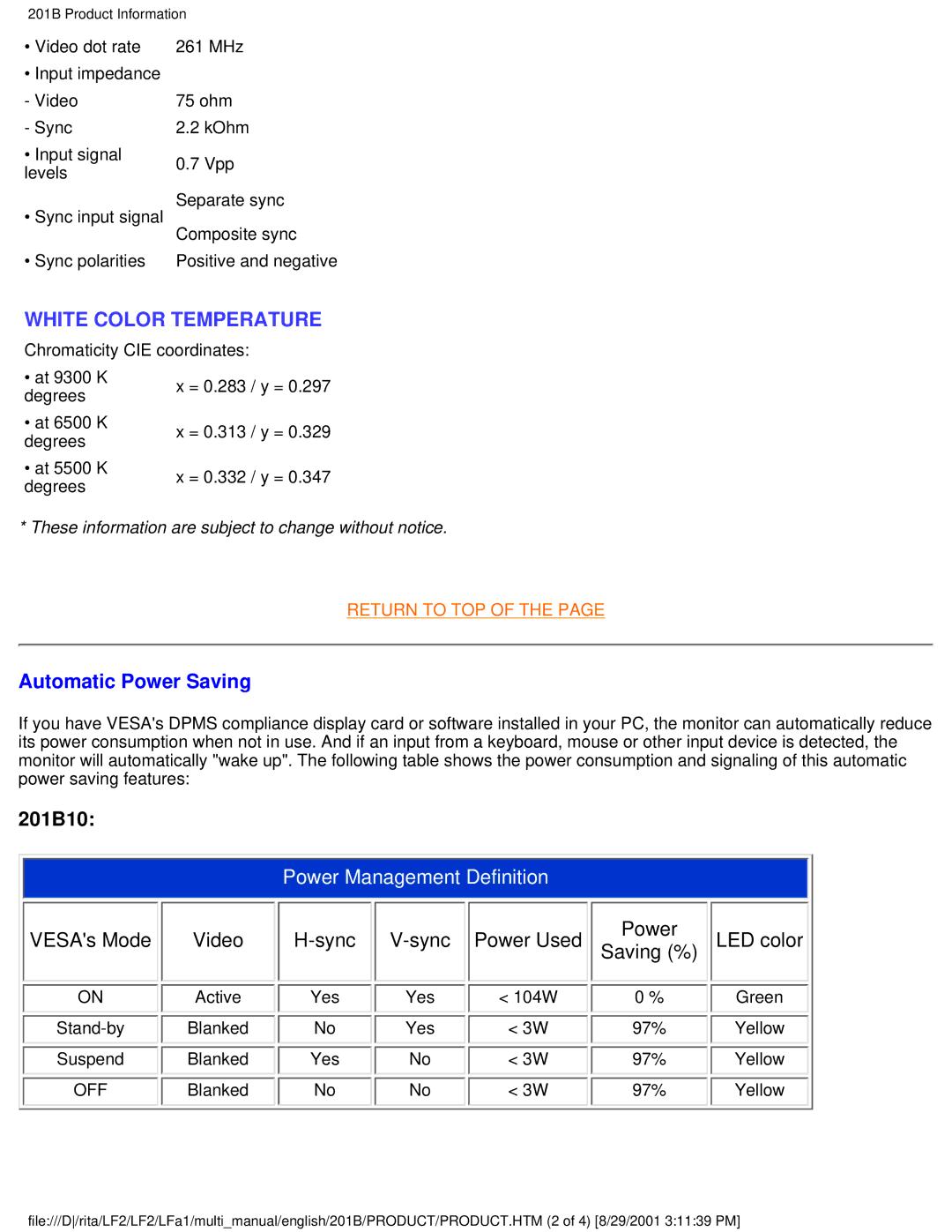 Philips 201B user manual White Color Temperature 