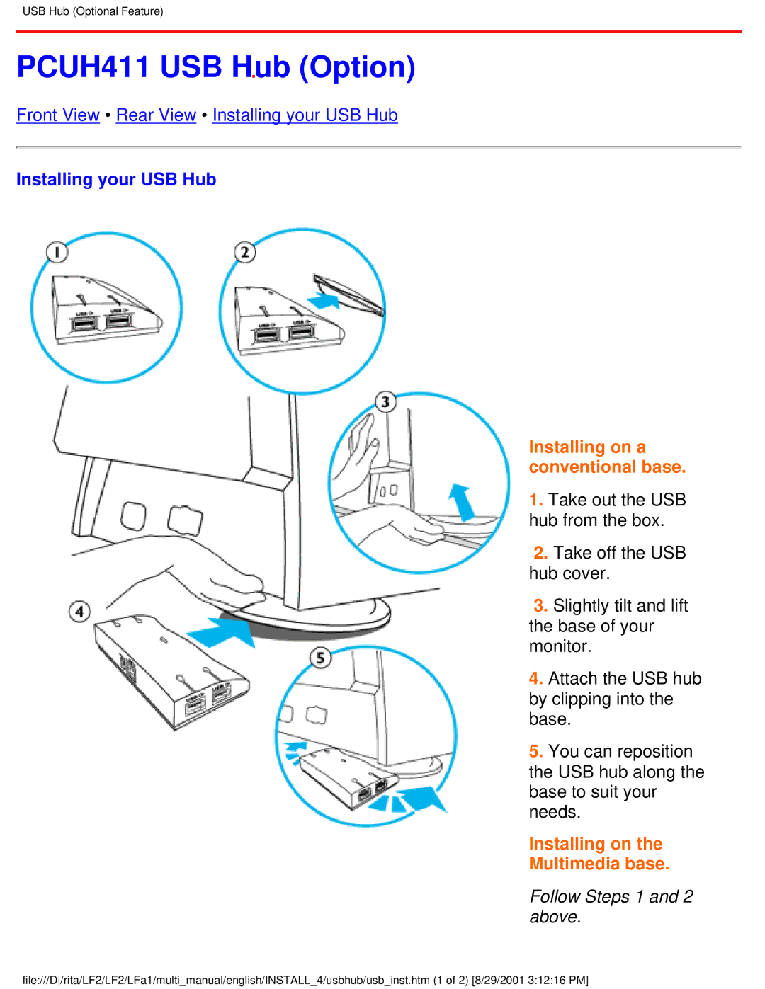 Philips 201B user manual PCUH411 USB Hub Option, Installing your USB Hub, Follow Steps 1 and 2 above 