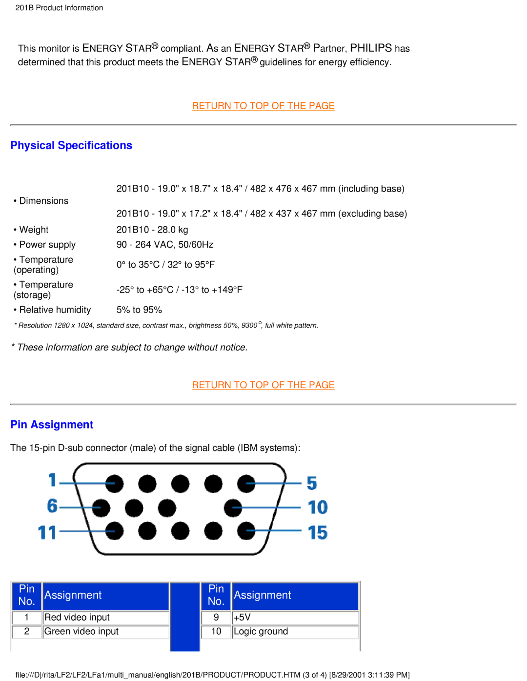 Philips 201B user manual Physical Specifications 