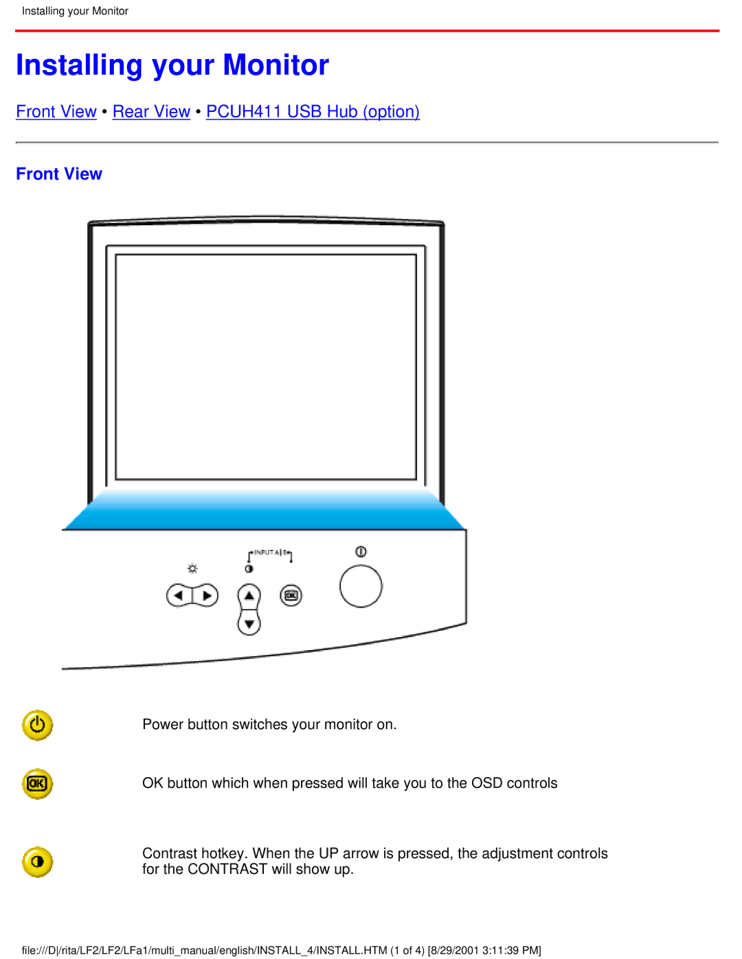 Philips 201B user manual Installing your Monitor, Front View 