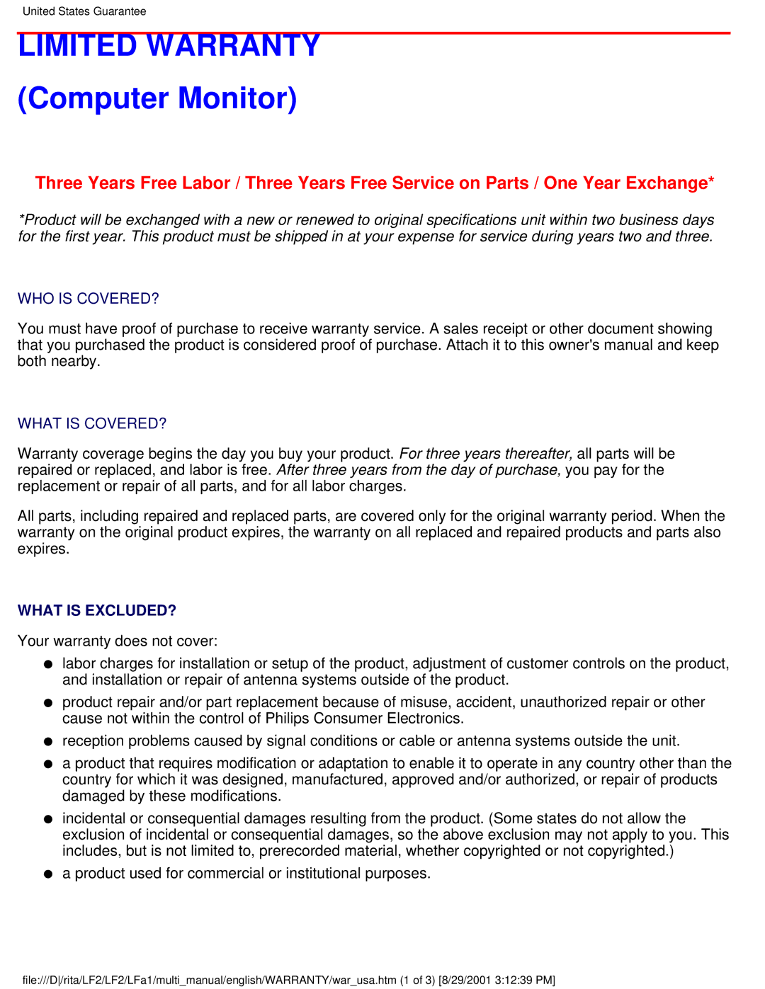 Philips 201B user manual Limited Warranty, Computer Monitor 