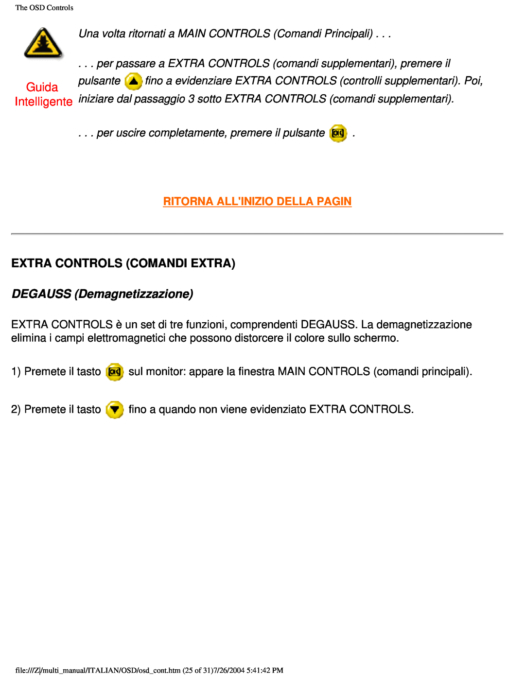 Philips 201B Extra Controls Comandi Extra, DEGAUSS Demagnetizzazione, Guida Intelligente, Ritorna Allinizio Della Pagin 