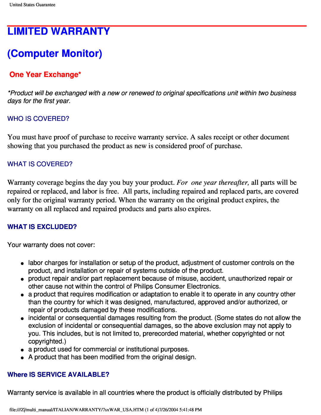 Philips 201B user manual LIMITED WARRANTY Computer Monitor, One Year Exchange 