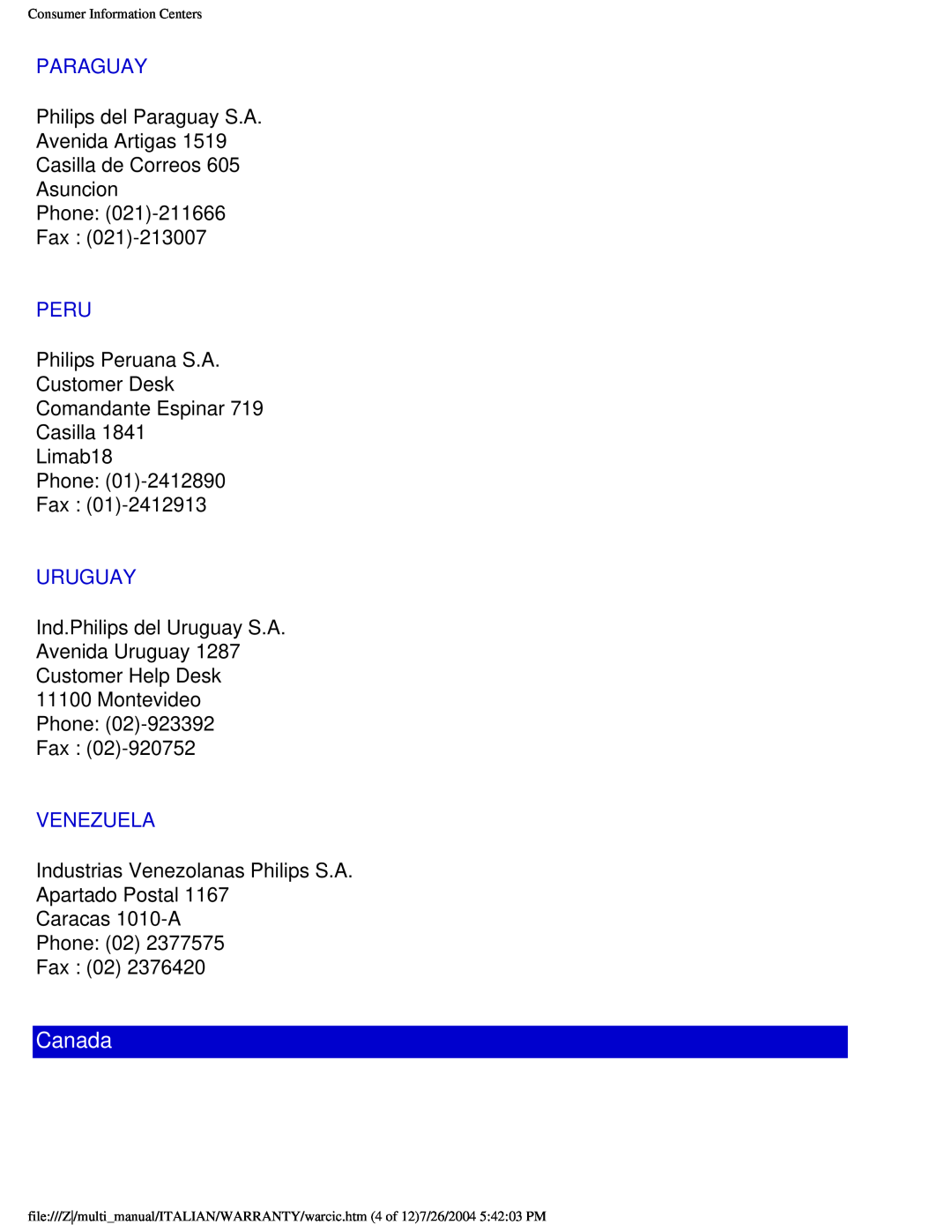 Philips 201B user manual Canada, Paraguay, Peru, Uruguay, Venezuela 