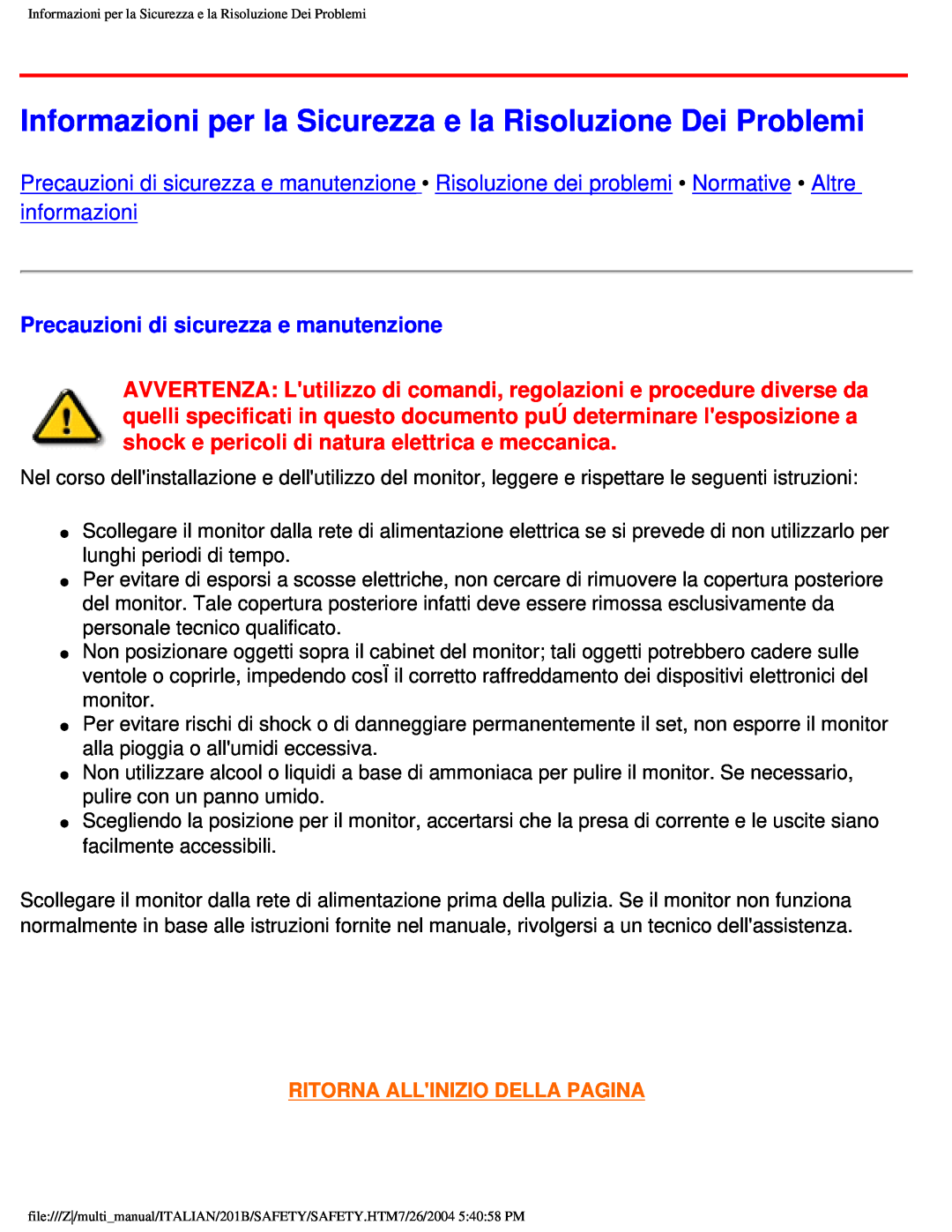 Philips 201B user manual Precauzioni di sicurezza e manutenzione, Ritorna Allinizio Della Pagina 