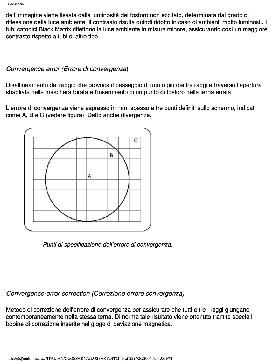 Philips 201B user manual Convergence error Errore di convergenza, Glossario 