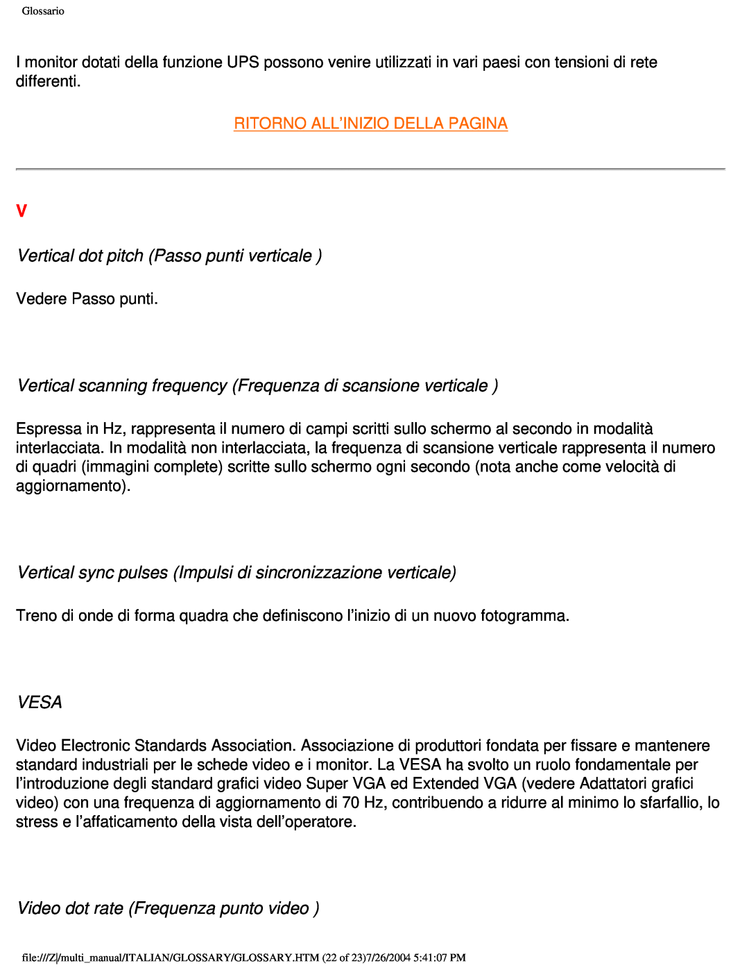 Philips 201B user manual Vertical dot pitch Passo punti verticale, Vesa, Video dot rate Frequenza punto video 