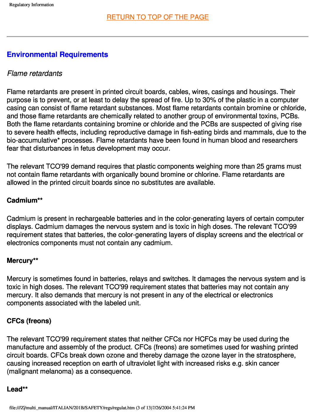 Philips 201B user manual Environmental Requirements, Flame retardants, Return To Top Of The Page 