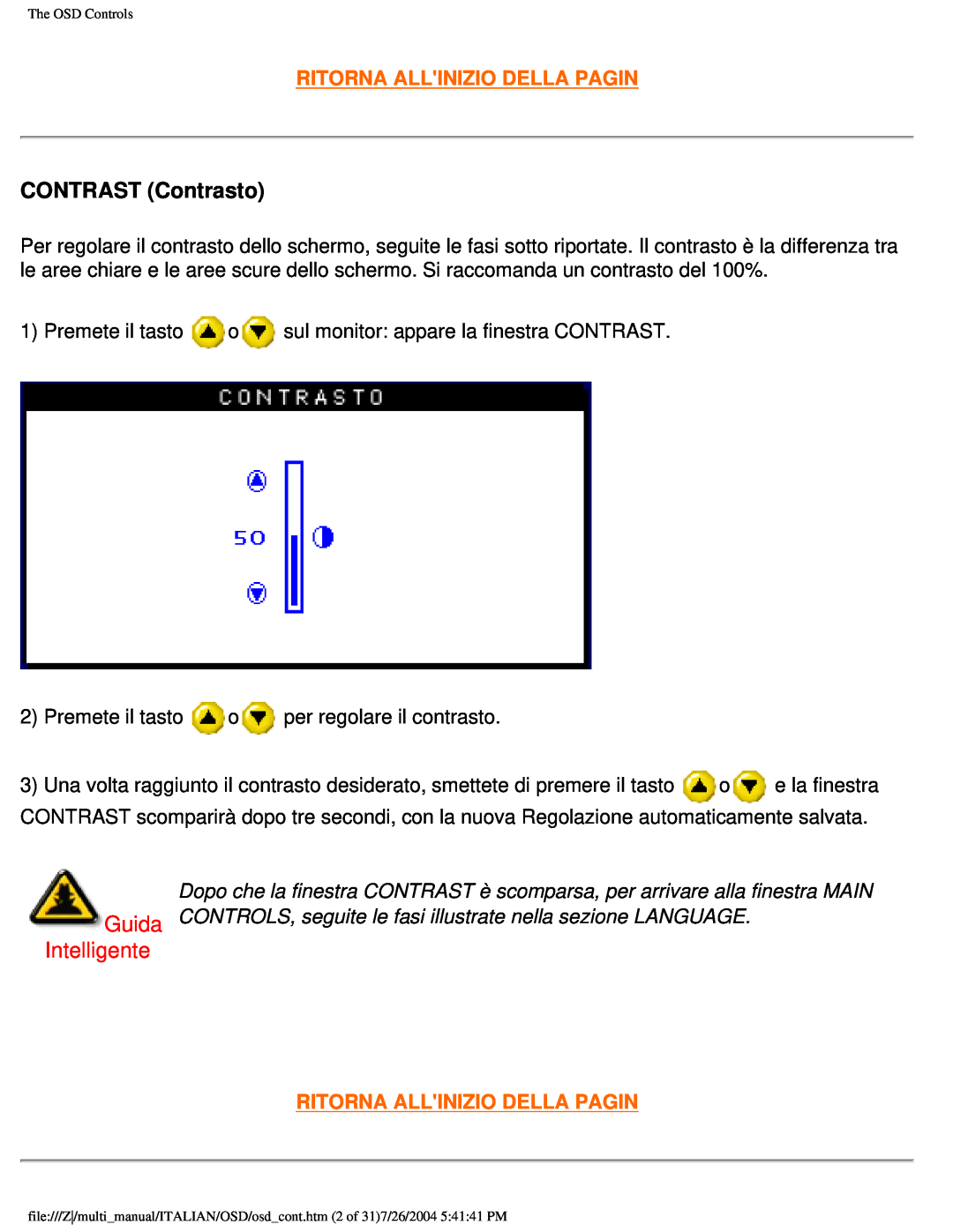 Philips 201B user manual CONTRAST Contrasto, Intelligente, Ritorna Allinizio Della Pagin 