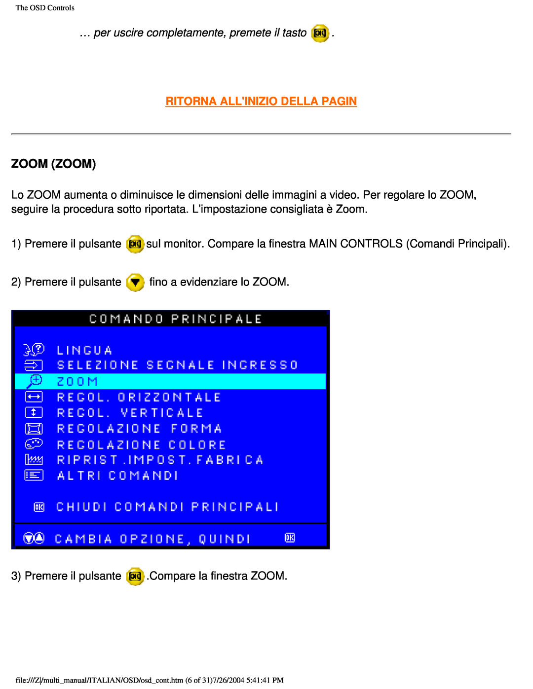 Philips 201B user manual Zoom Zoom, … per uscire completamente, premete il tasto, Ritorna Allinizio Della Pagin 