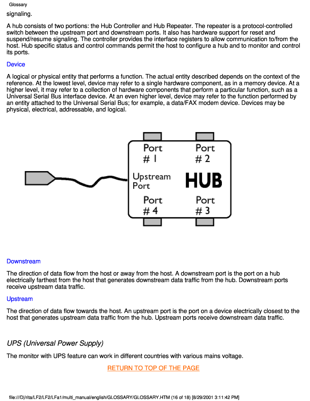 Philips 201B user manual UPS Universal Power Supply, Device, Downstream, Upstream, Return To Top Of The Page 