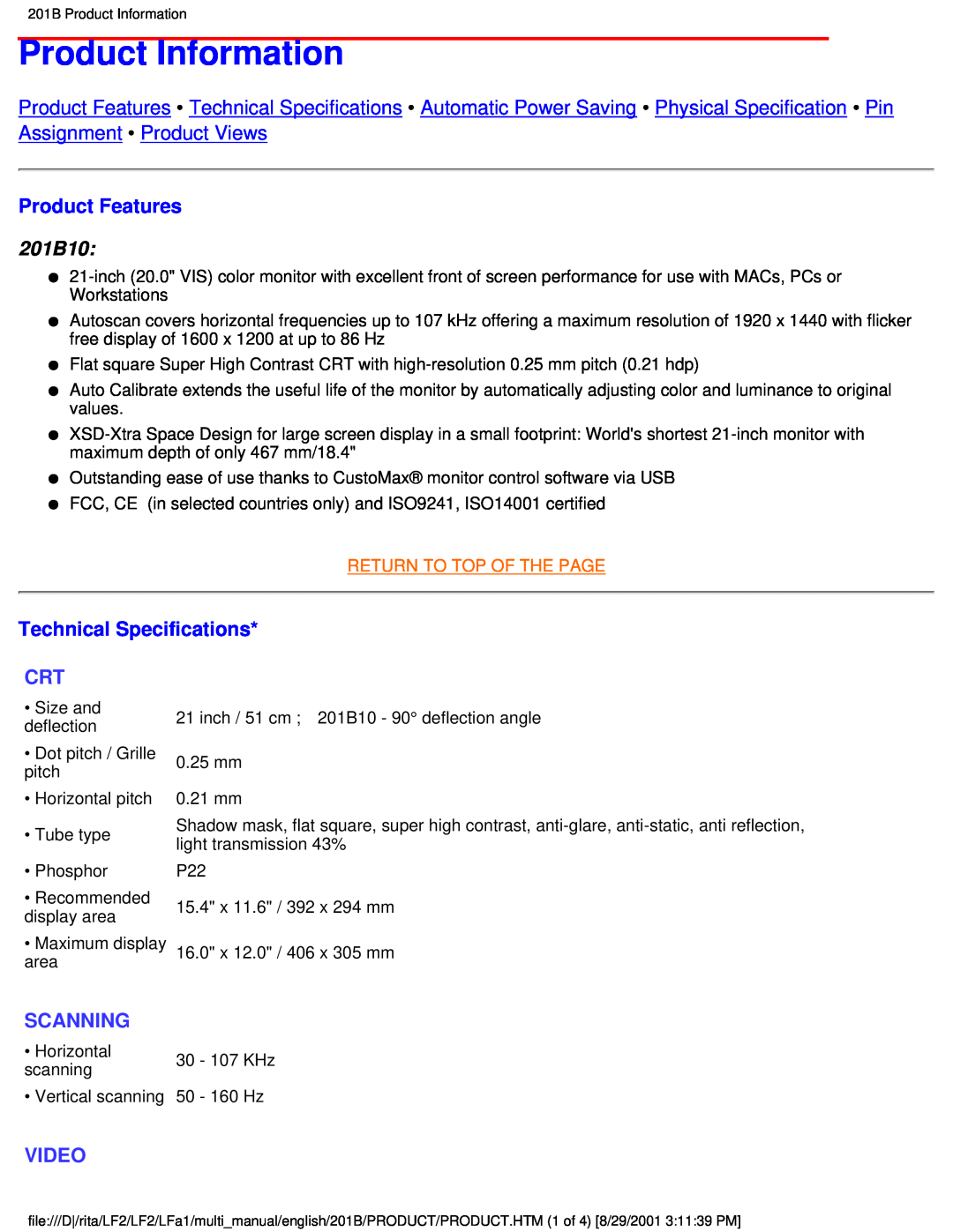 Philips user manual Product Information, Product Features, 201B10, Technical Specifications, Scanning, Video 