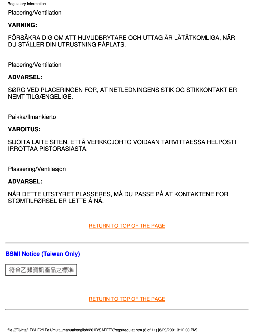 Philips 201B user manual Varning, Advarsel, Varoitus, BSMI Notice Taiwan Only 