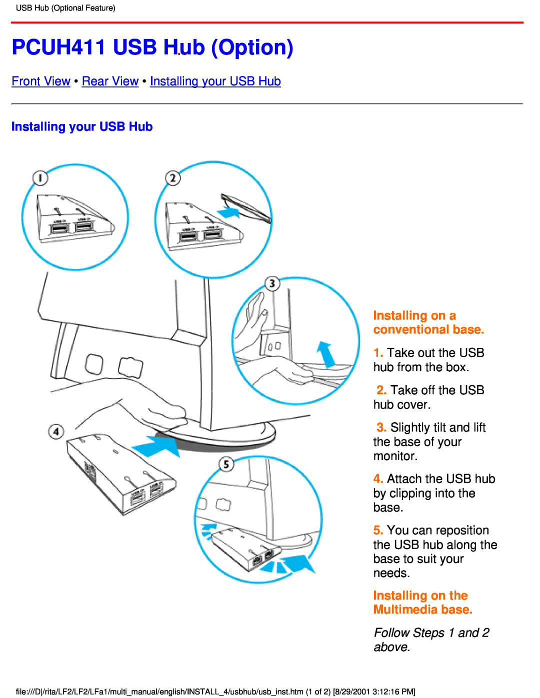 Philips 201B user manual PCUH411 USB Hub Option, Front View Rear View Installing your USB Hub, Follow Steps 1 and 2 above 