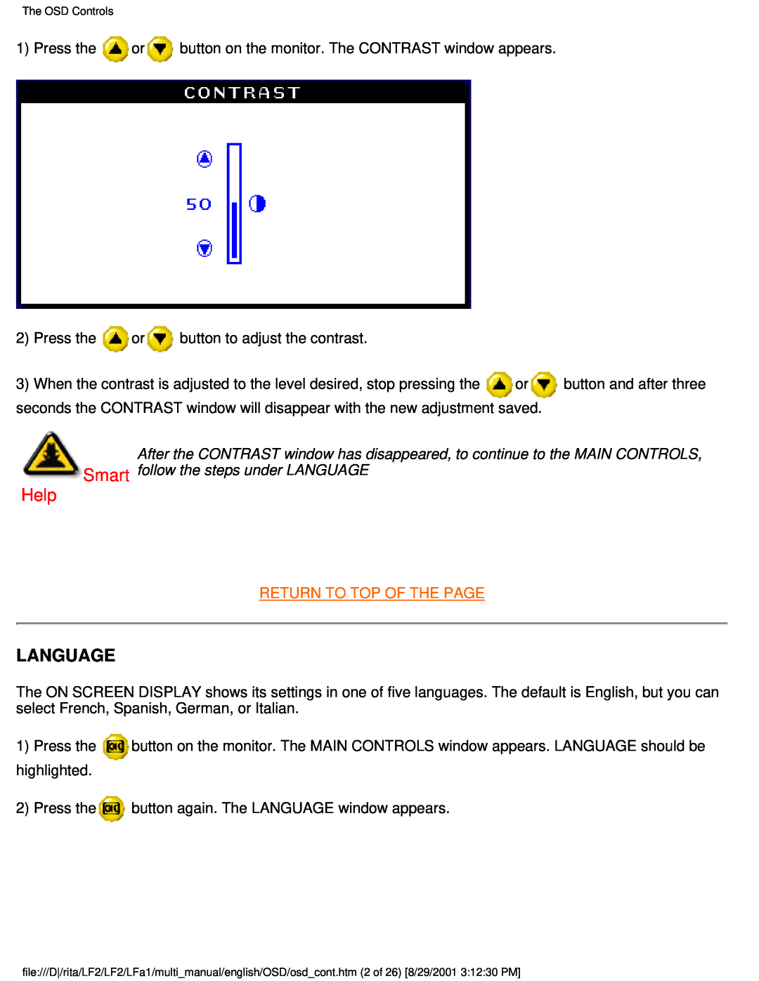 Philips 201B user manual Language, Help, Return To Top Of The Page 