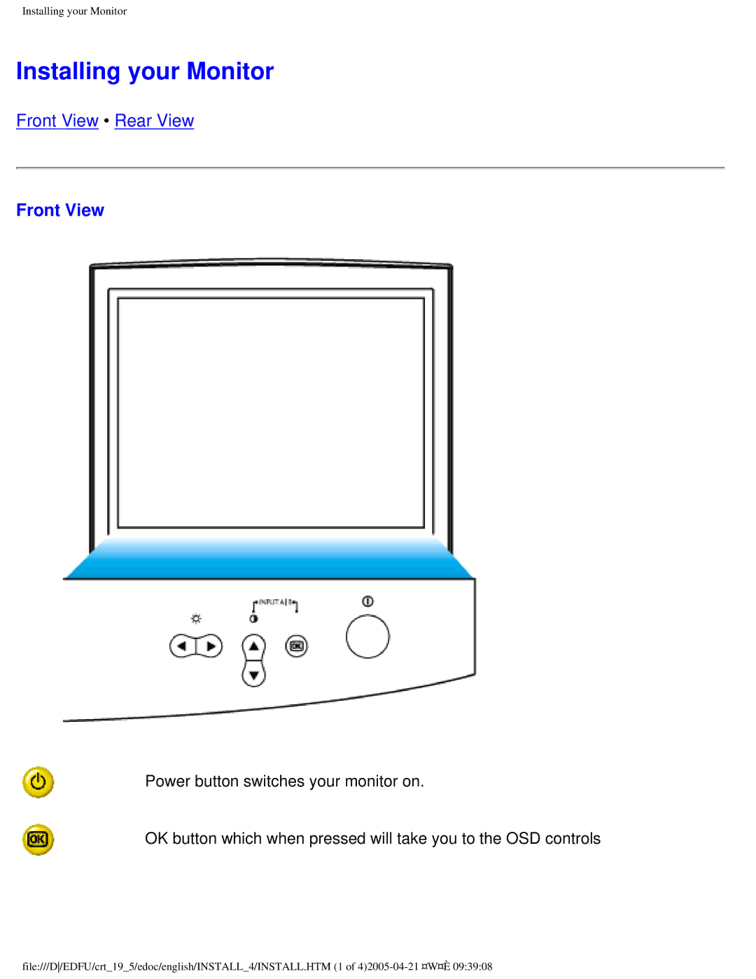 Philips 201B4 user manual Installing your Monitor, Front View 