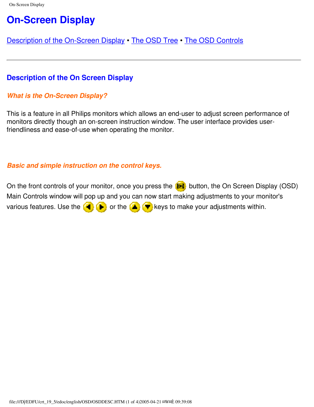 Philips 201B4 user manual On-Screen Display, Description of the On Screen Display 