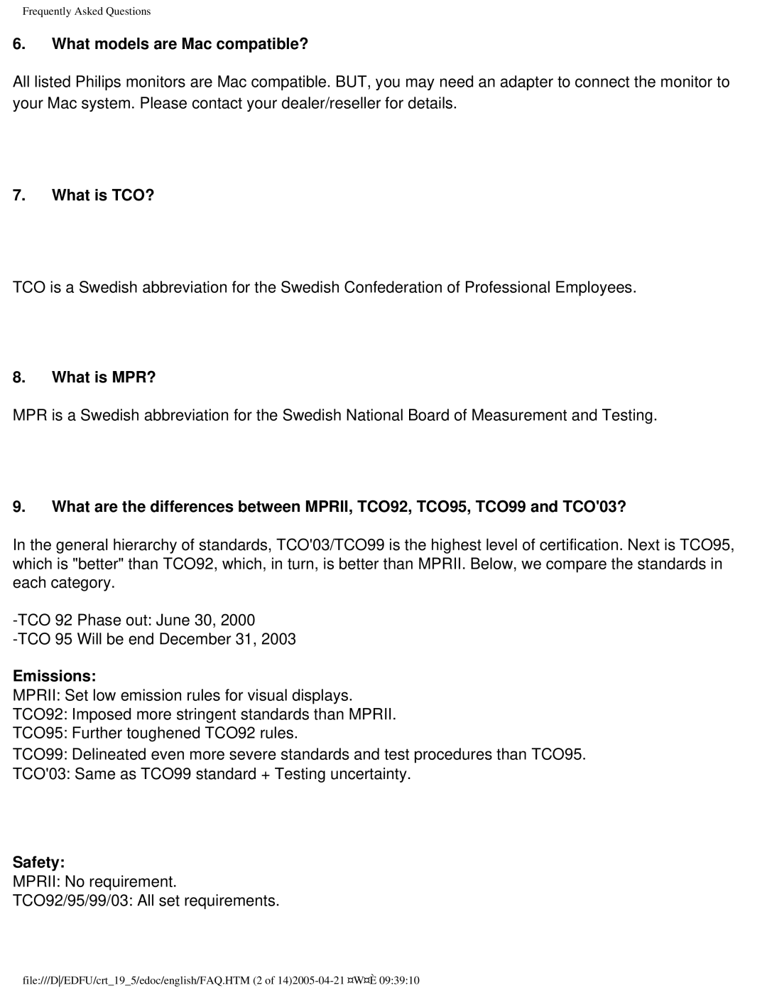 Philips 201B4 user manual What models are Mac compatible?, What is TCO?, What is MPR?, Emissions, Safety 