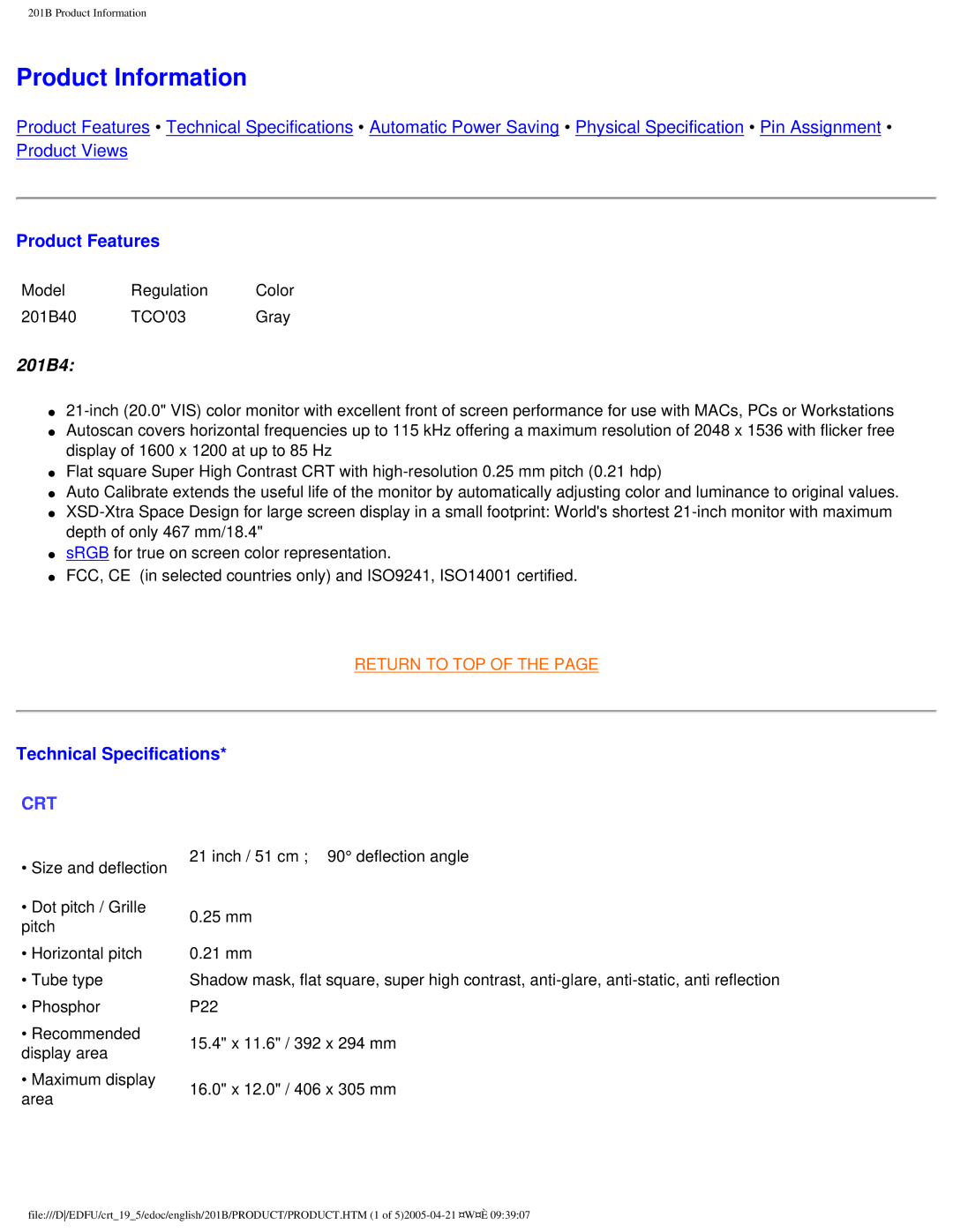 Philips 201B4 user manual Product Information 