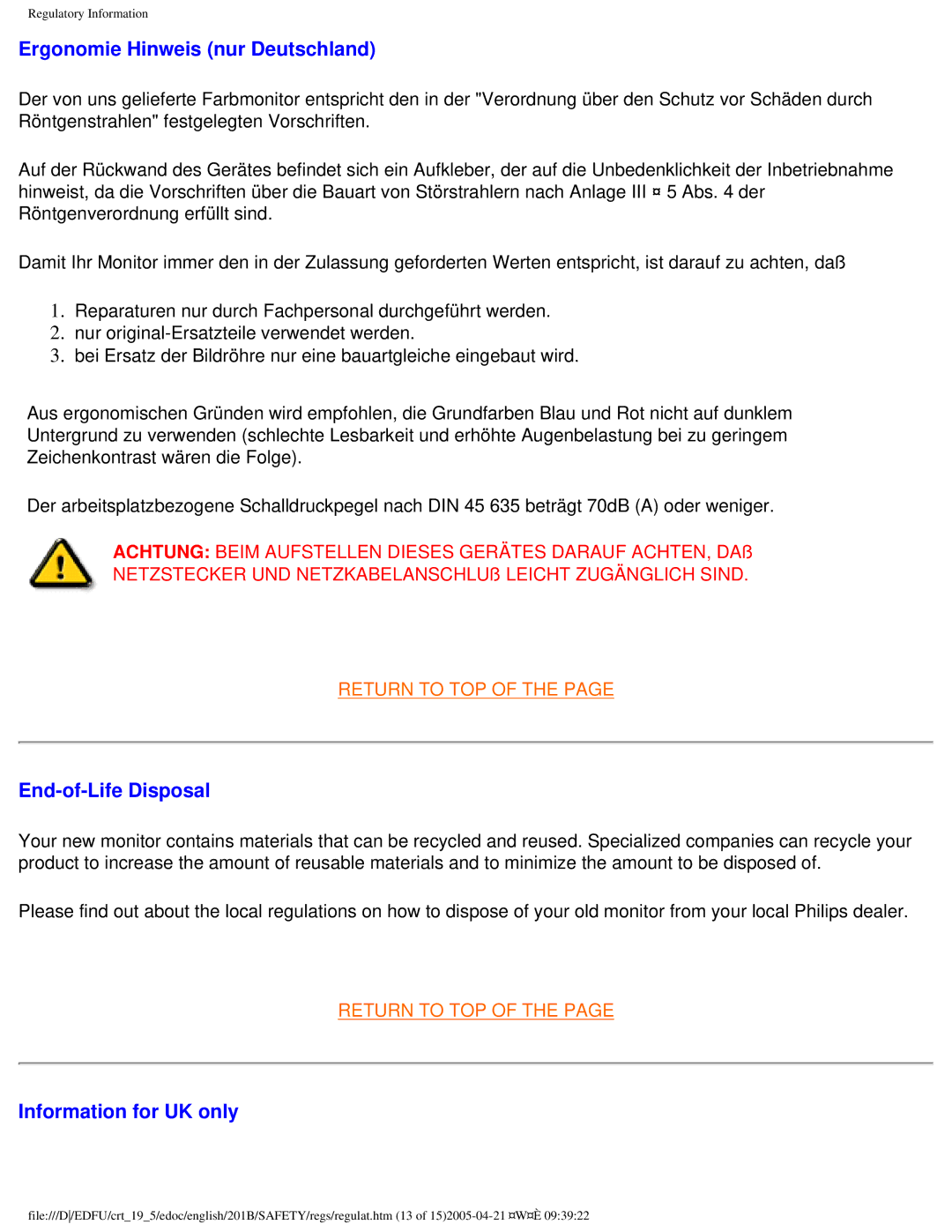 Philips 201B4 user manual Ergonomie Hinweis nur Deutschland, End-of-Life Disposal, Information for UK only 