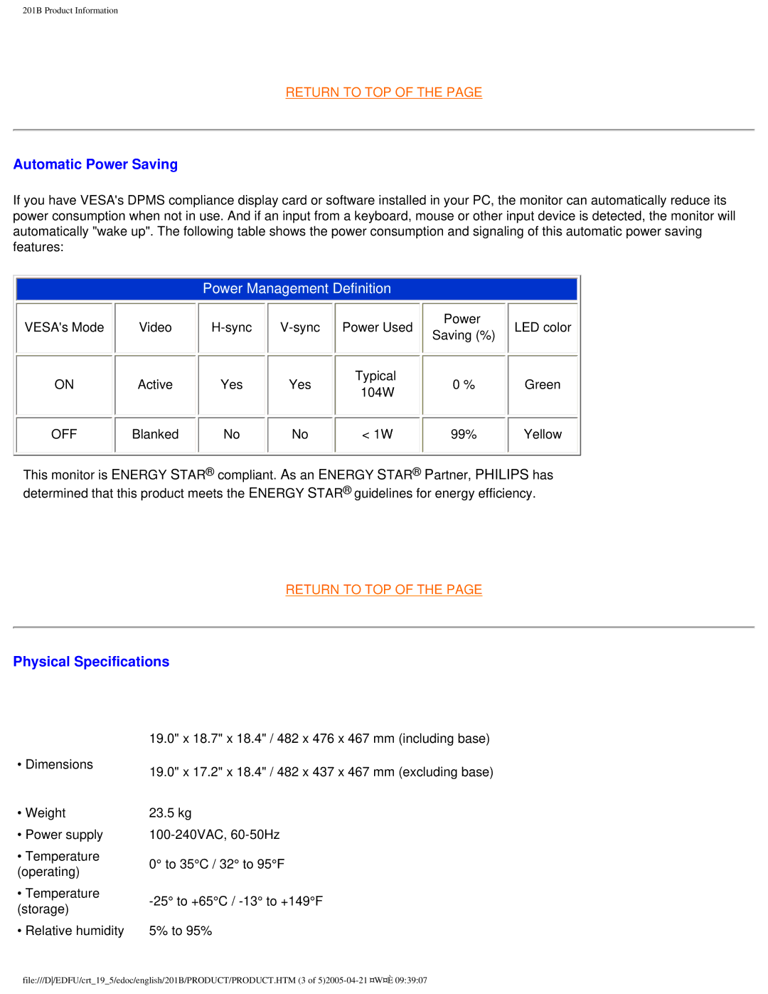 Philips 201B4 user manual Automatic Power Saving 