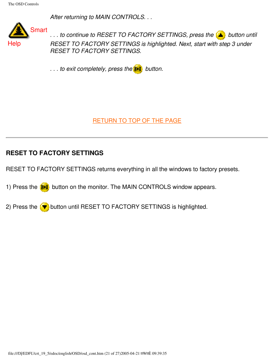 Philips 201B4 user manual Reset to Factory Settings 