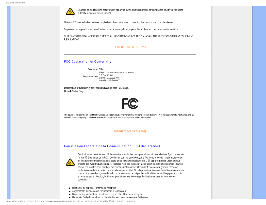 Philips 2.01E+03 manual FCC Declaration of Conformity, Commission Federale de la Communication FCC Declaration 