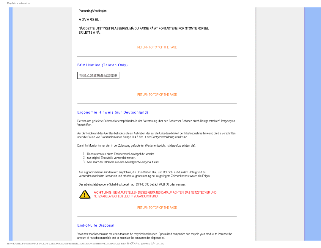 Philips 2.01E+03 manual Bsmi Notice Taiwan Only, Ergonomie Hinweis nur Deutschland, End-of-Life Disposal 